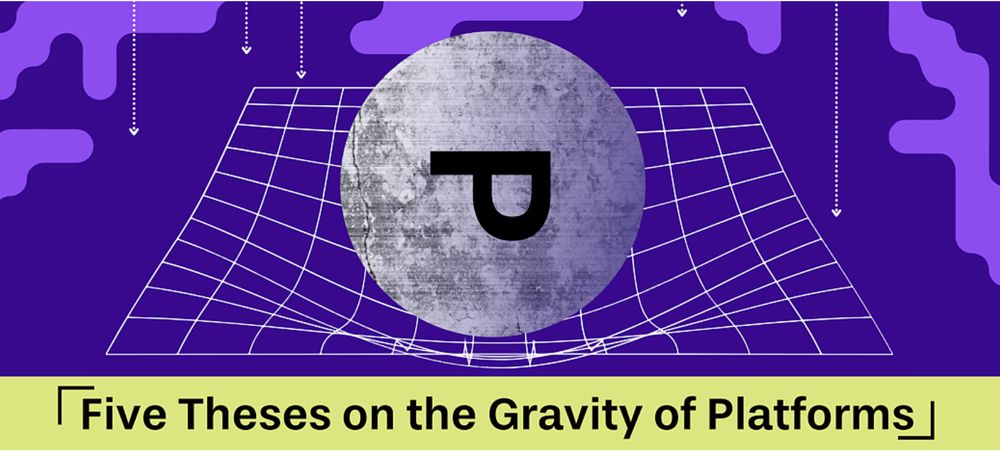 A graphic with a purple background that is an image of a grey sphere landing in a net. Beneath this is a chartreuse bar with black lettering: Five Theses on the Gravity of Platforms