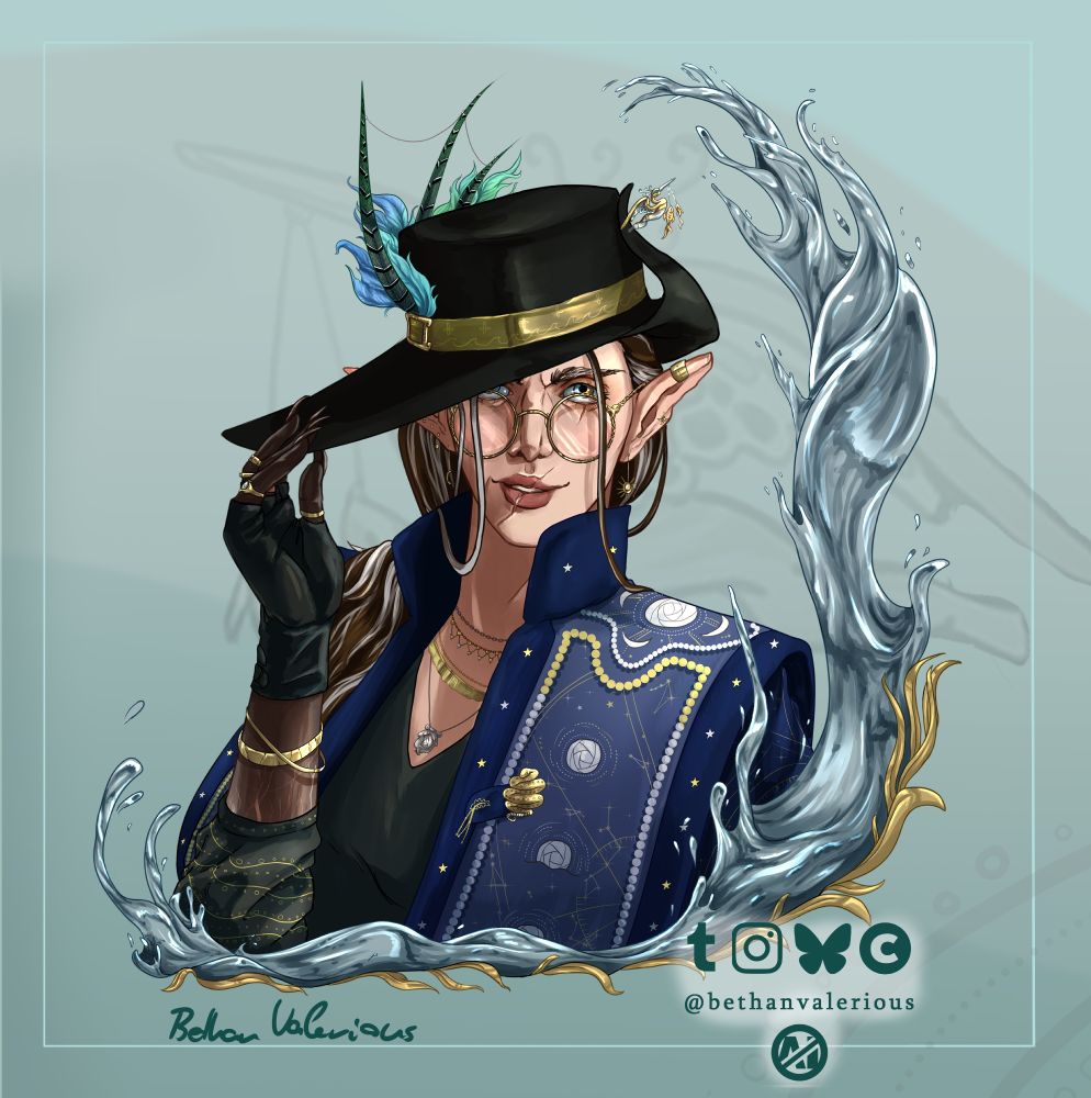 Digital art of a bust of an elven woman. She wears a traditional hungarian style coat, a 'szűr'. It's very rich in embroidery, celestial in theme - stars, constellations, sun and moon motifs. She has lush brown hair with many grey stripes, in a low pony tail, her visible ear is long, but it is cut and badly healed. She has a fancy hat with colorful feathers and a heron shaped, golden pin. She wears many jewellery pieces and round glasses that are decorated with an octopus wrapped around them.
