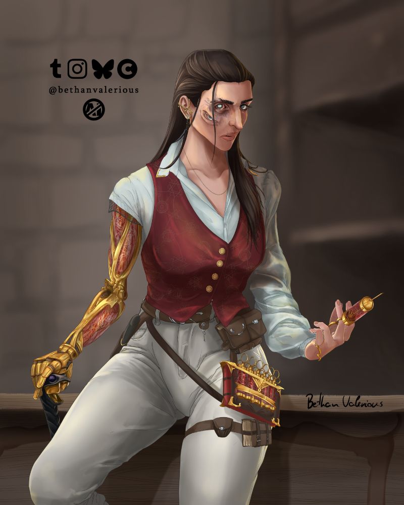 Digital art of a human woman sitting on a desk. She wears white trousers, white shirt and a burgundy west with golden embroidery and buttons. She has straight brown hair. Her left eye is healthy grey. Her right eye is scarred, bloodshot and has severe cataract. On her right cheekbone there is another eyesocket with a healthy eyeball embedded. Her right arm is prosthetic: see-through glass parts framed with golden mechanical parts. Inside the glass there is liquid with white and red web-like formation. In her left hand she holds a syringe that looks similar: gold mechanical parts, glass container unit and the same white and red substance inside. There is a decorative bag hanging on her belt with 6 more syringes like that and one empty slot. 