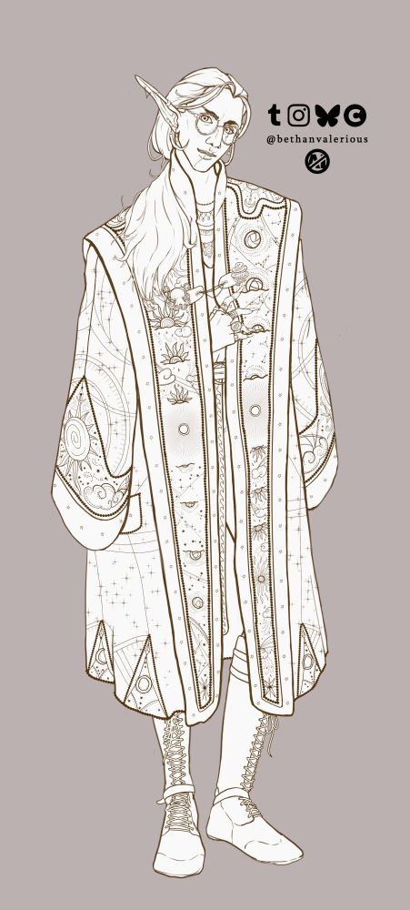 Digital lineart of a tall elven woman. She wears a traditional hungarian style coat, a 'szűr', which covers most of her form. It's very rich in embroidery, celestial in theme - stars, constellations, sun and moon motifs. She has lush hair in a low pony tail, her visible ear is long. She wears many jewellery pieces and fancy glasses.    
