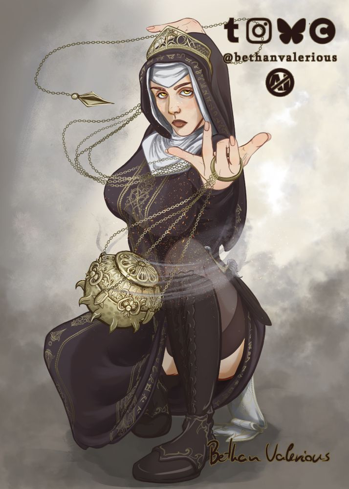 Digital art of a human woman in a dark, long dress that is very reminiscent of a nun's dress with golden embroidery. She is crouching  and is flailing a round, ornate, golden, smoking incenser towards the viewer. She is serving lethal face-card.
