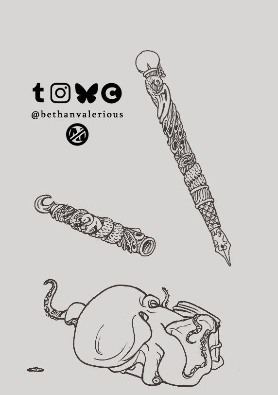 digital lineart of a richly decorated fountain pen with peacock and chinese dragon motifs, and an inkwell held by an octopus