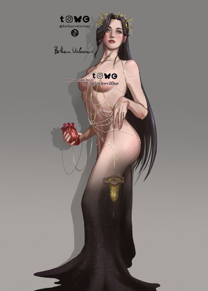 Digital art of a white girl with long, straight black hair. She has a golden, spiky crown. She wears a gown made of threads of pearls woven in a loose cobweb pattern aroundher torso. From the mid-thigh the gown gradually becomes black and sparkly. In her right hand she holds a realistic human heart that has a golden thread wrapped around her body that reaches a wooden spindle hanging from her other hand. 