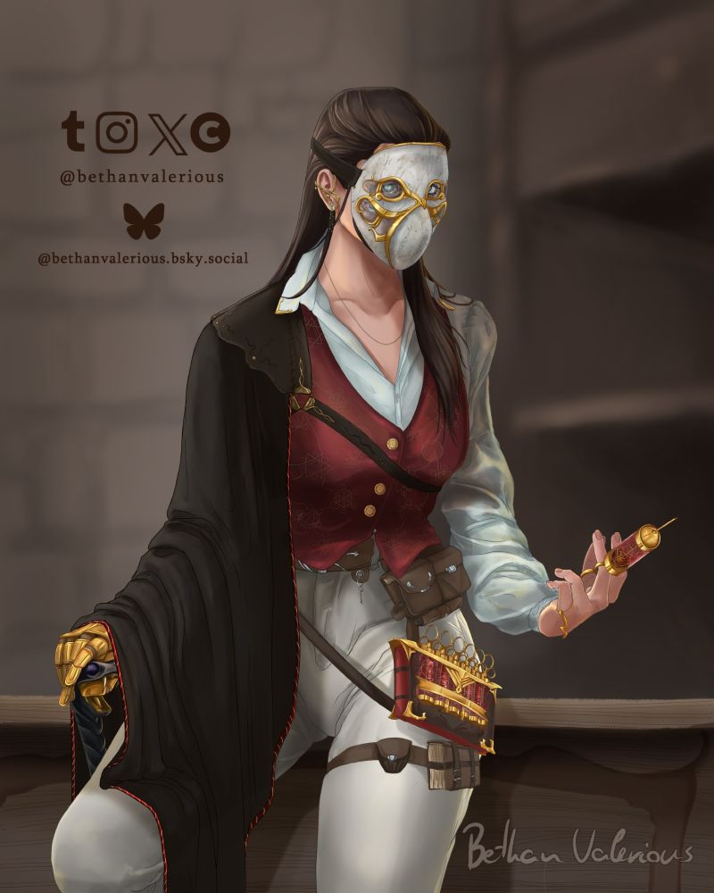 Digital art of the same woman covered by a cape and a marble mask on her face. 