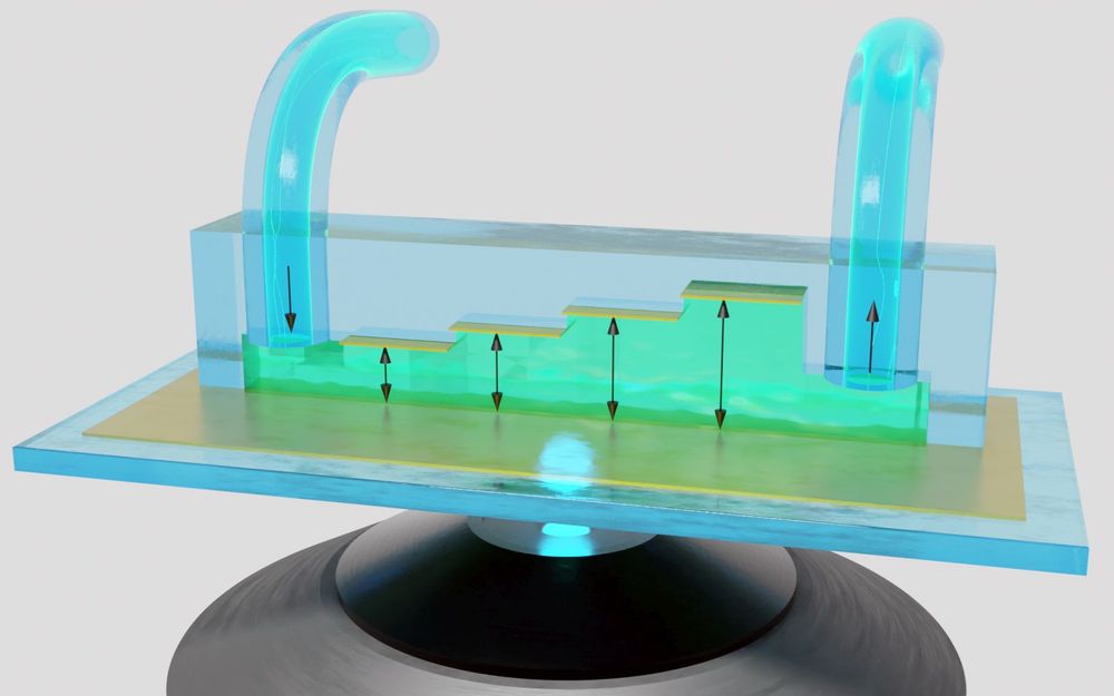 Instrument that looks like it's made of blue and green perspex, balanced on a black stand. There are black arrows on the different tubes and parts. This is a iagram showing the chip that is going to be the core element of the device used in the new ERC Proof of Concept project led by Professor Jörg Enderlein: Plasmonic microchip for absolute and calibration-free luminescence quantum yield measurements (QYieldChip). Image thanks to Alexey Chizhik.