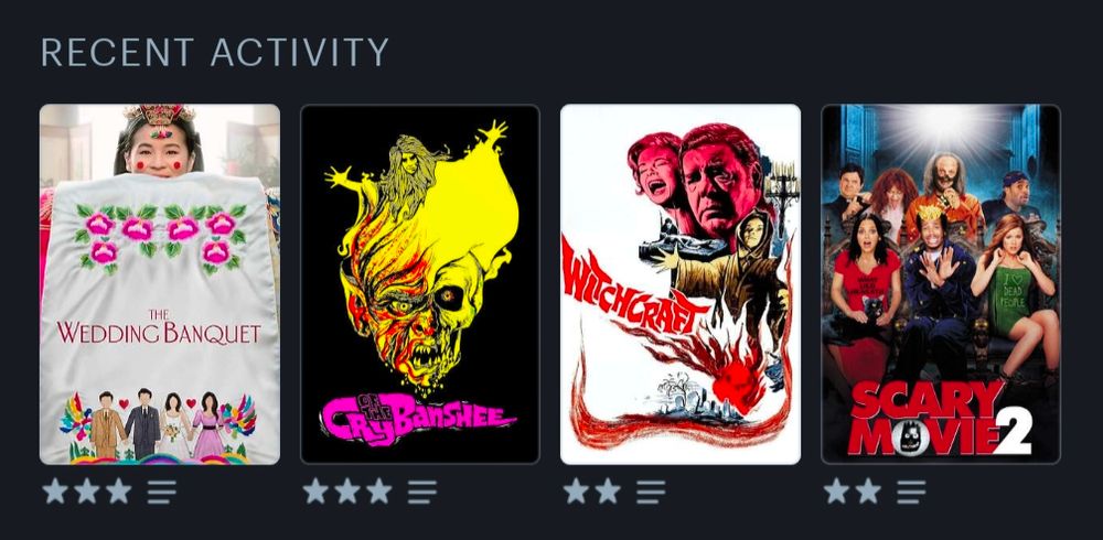 Movie posters for The Wedding Banquet, Cry of the Banshee, Witchcraft and Scary Movie 2