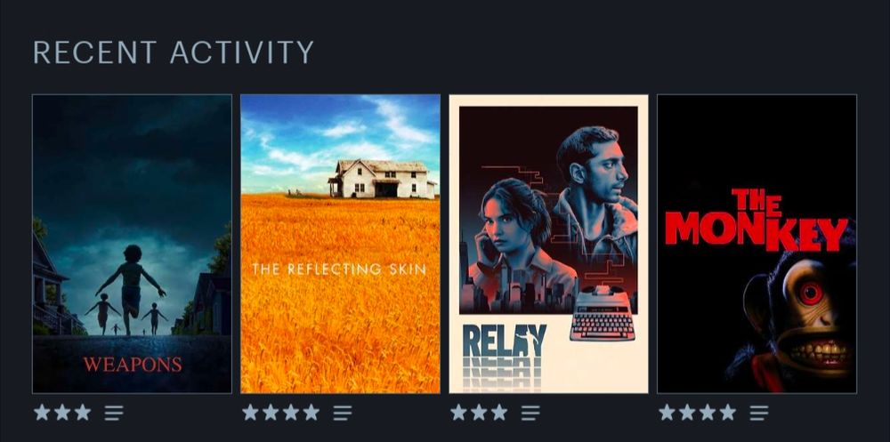 Movie posters for Weapons, The Reflecting Skin, Relay and The Monkey 
