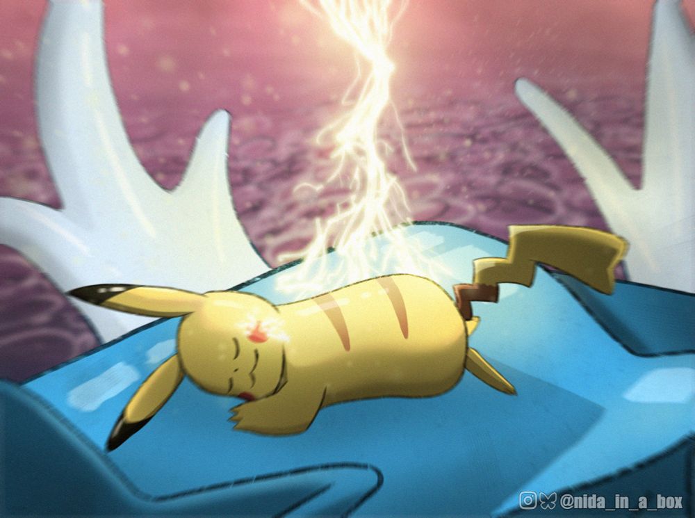 Pikachu napping on a poor Gyarados hit by the mouse's lightning.