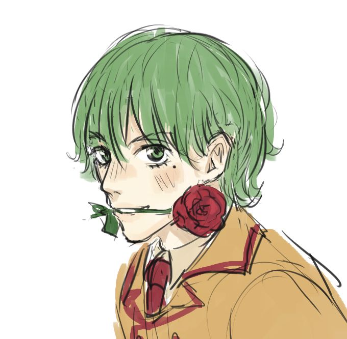 sketch of green haired guy with rose in his mouth