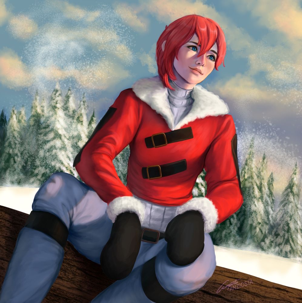 Syurgain’s OC Doris wearing a red coat lined with white fur, mittens and blue pants sitting on a log and watching the sunset. Behind her is a field of snow and a forest of snow covered pine trees 