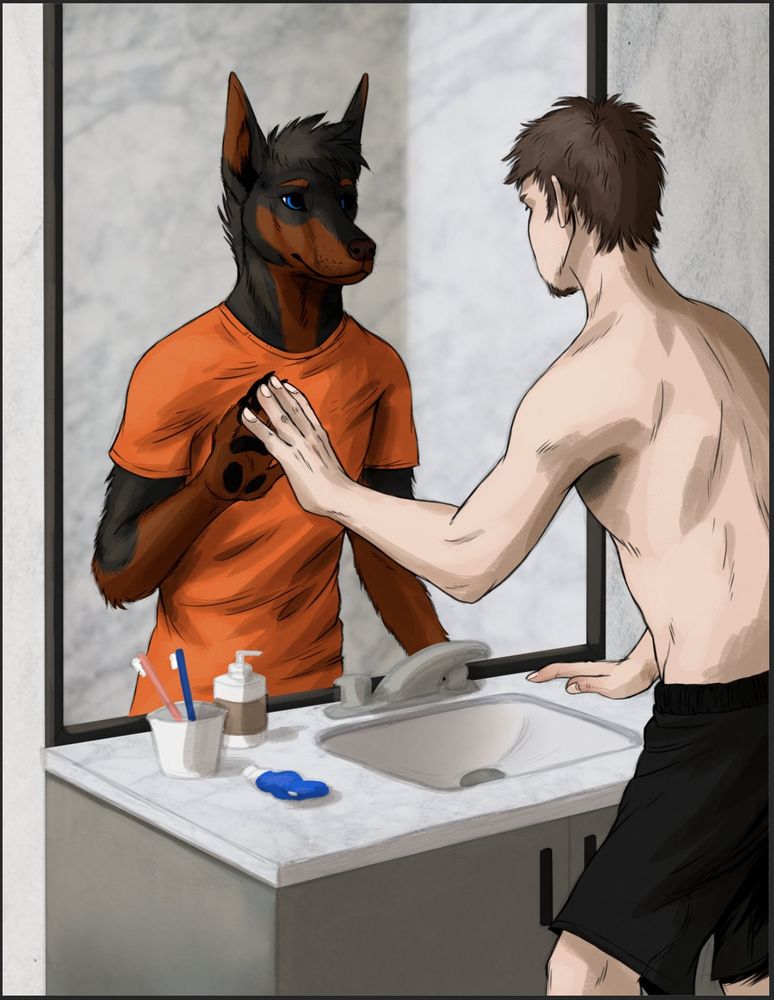 A shirtless man standing in front of a bathroom mirror reaching out to touch his reflection: an anthropomorphic doberman wearing an orange shirt