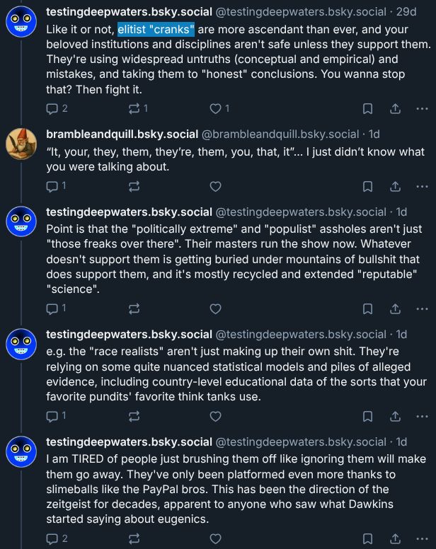 An earlier part of the thread, where I try to clarify that if we want to defang the opponents of elitist ideologues who are often called "cranks" (by their more popular detractors), we can't simply lazily dismiss and ignore them, at least because 1) we rely on and admire many of the same intellectual foundations as them 2) we underestimate how nuanced their arguments are 3) they're increasingly popular, in part thanks to the political actions of powerful people who influenced them.