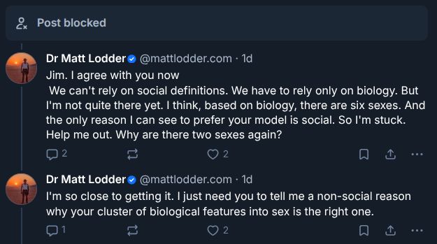 Part of a thread beginning with a blocked post (probably from a troll I call "Jimbo"), followed by two replies from Matt Lodder.