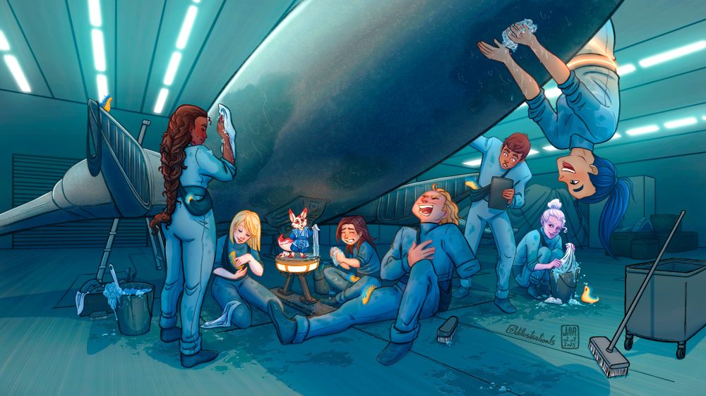 An illustration of Skyward Flight and company hanging out and cleaning one of their spaceships, from chapter 22 of Defiant. The ship stretches diagonally across the top of the image; from left to right are Kimmalyn, FM, Hesho, Spensa, Nedd, Arturo, Alanik, and Sadie. Kimmalyn, standing, cleans the side of the ship with a rag. She is blushing with happiness. Beside her is a bucket with suds spilling out the top. Next to her, FM cradles a hyperslug in a sling, which she smiles down at. Hesho stands on his hoverdisc, facing the rest of the crew with his mask off and set to the side. He and Spensa both hold cleaning rags. Spensa sits cross-legged, grinning widely, her eyes closed. Nedd sits stretched out on the ground, head tipped back and hand to his chest in laughter. His other sleeve is empty. Arturo, standing, braces himself against the ship with one hand and peers under it with a look of shock. His other hand holds a datapad. Alanik crouches beside him, soaking a rag in another bucket of water. She looks over at the others fondly. Sadie hangs upside-down from a light-line on the right side of the ship. She is visible from the torso up (...or down, at the moment), with her blue hair in a ponytail dangling down, and is scrubbing the underside of the ship. She's smiling brightly. A few more slugs are scattered through the scene, on laps, in body slings, and investigating soap bubbles; one sits atop the ship. The humans and Alanik all wear blue jumpsuits, and Hesho wears a fancy blue outfit. The room is predominantly cast in blue light.