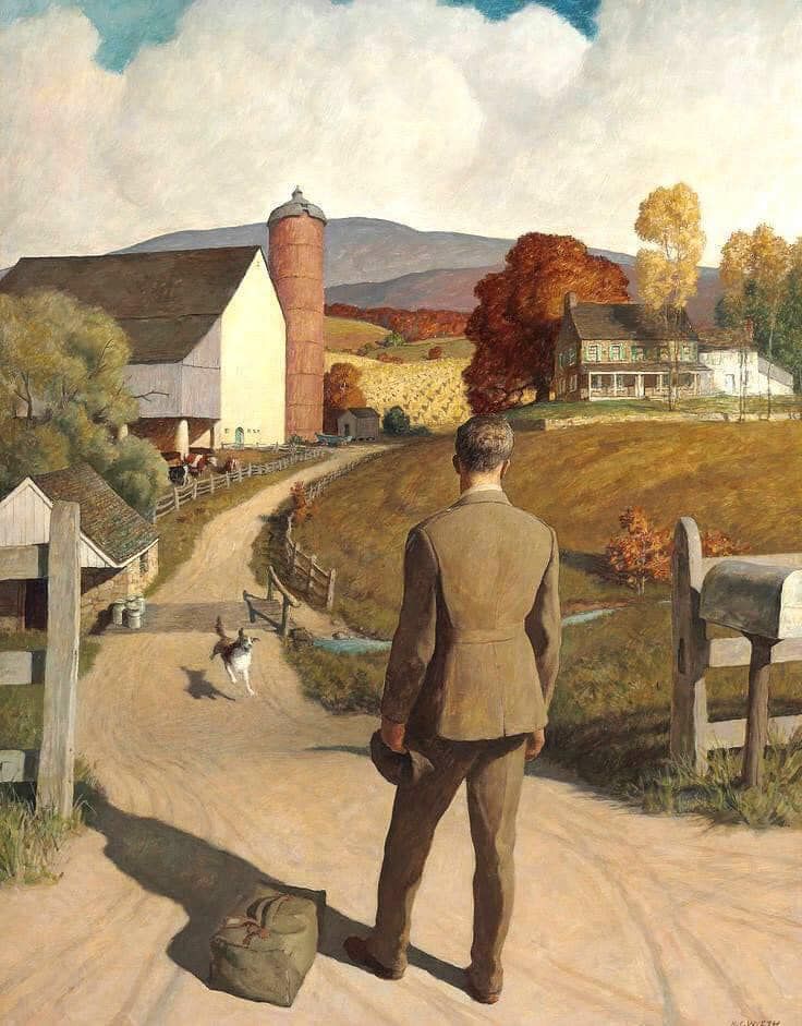 Pastoral painting of a driveway leading into a farm with a house in the distance, grain fields, a white barn and cattle. A brown and white dog races toward the gate where a soldier, in brown gear, waits with his bag before heading to his family home. His back is to us as he contemplates his return from the war.