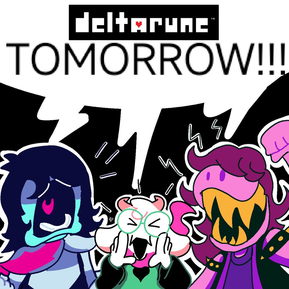 Kris, Ralsei, and Susie screaming "DELTARUNE TOMORROW!!!" image by u/Veionovin096 and found on r/Undertale
