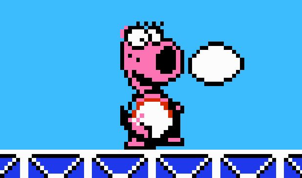 Birdo from Super Mario 2, a biped pink dinosaur with an enormous round snout from which it shoots eggs. 