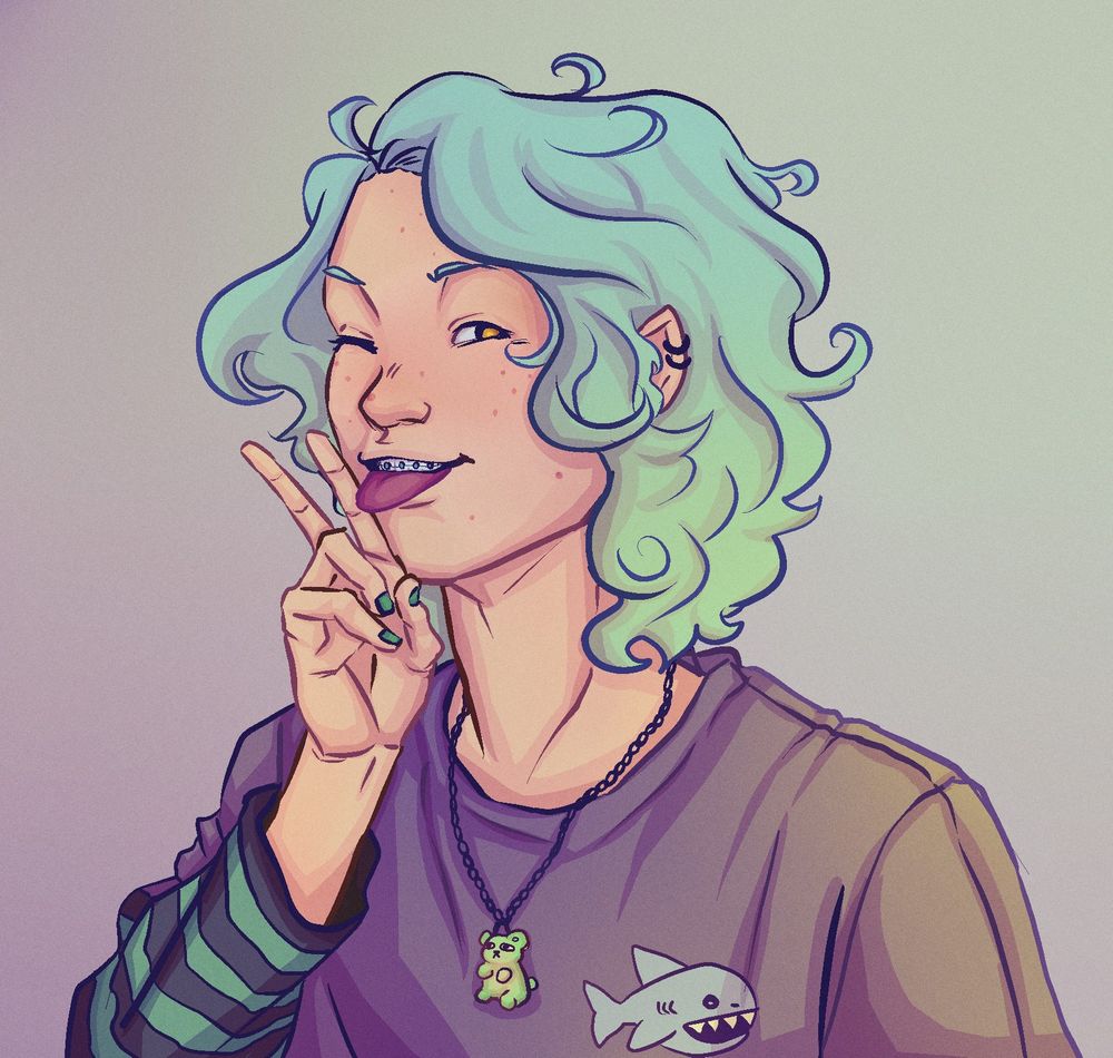 Ilustração digital de um rapaz sorridente, só de busto.
Betel é um garoto branco, de cabelos tingidos em verde-água. Possui olhos na cor âmbar, e um deles está fechado para a pose em que mostra a língua e revela os dentinhos com o aparelho dental e faz um sinal de "2" com uma das mãos, próxima ao rosto. O rosto tem várias espinhas, e a orelha visível tem duas argolas de piercing.
Está trajando uma camiseta larga com uma estampa ao canto, bem pequena, de um tubarão, por cima de uma camiseta de manga longa listrada em preto e verde.
Tem um colar de ursinho de goma verde e está com as unhas pintadas, também verdes.