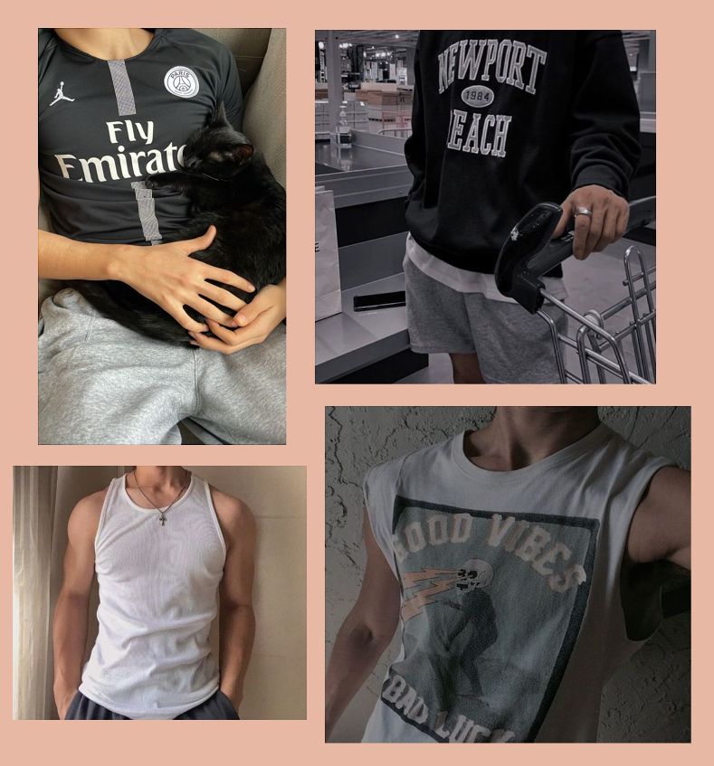 Quatro fotos do estilo do Daewon: 
A primeira é um homem sentado segurando um gatinho preto. Ele veste uma camiseta de time preta e uma calça moletom cinza.
A segunda é de um moletom preto e uma bermuda cinza.
Terceira é de uma regata branca, com um colar de cruz.
A quarta é uma outra regata branca, mas com uma estampa divertida de uma caveirinha soltando laser pelo buraco dos olhos. Está escrito "Good Vibes" em cima e "Bad Luck" embaixo.