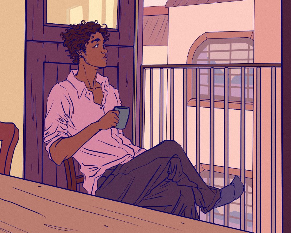 Ilustração digital em cores sólidas de Berniel.
Vê-se um cenário do interior de uma casa com uma porta aberta para uma varanda, que dá vista a uma construção residencial. O personagem senta-se em uma cadeira em frente a essa varanda, encostada na porta, e aprecia a vista.
Ele é um homem negro de cabelos cacheados e curtos, com madeixas castanhas, e sobrancelhas grossas. Traja uma camisa rosa clara, calças folgadas marrons e meias azuis escuras. Segura uma caneca e está com as pernas cruzadas de modo descontraído.