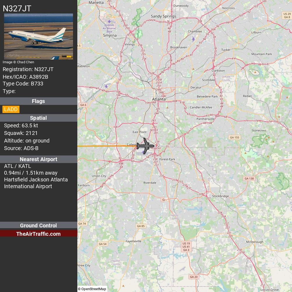 Reg: N327JT On Ground: True Alt: 0 Last Contact: 0:00:10.446973 Trigger: now on ground