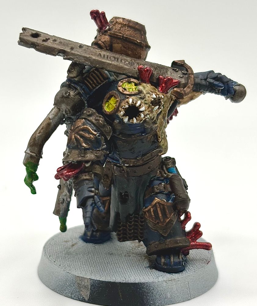 A Rig Lord (proxy Lord of Poxes) painted in the deep blues, base metals with red coral and green sludges. Angle 1