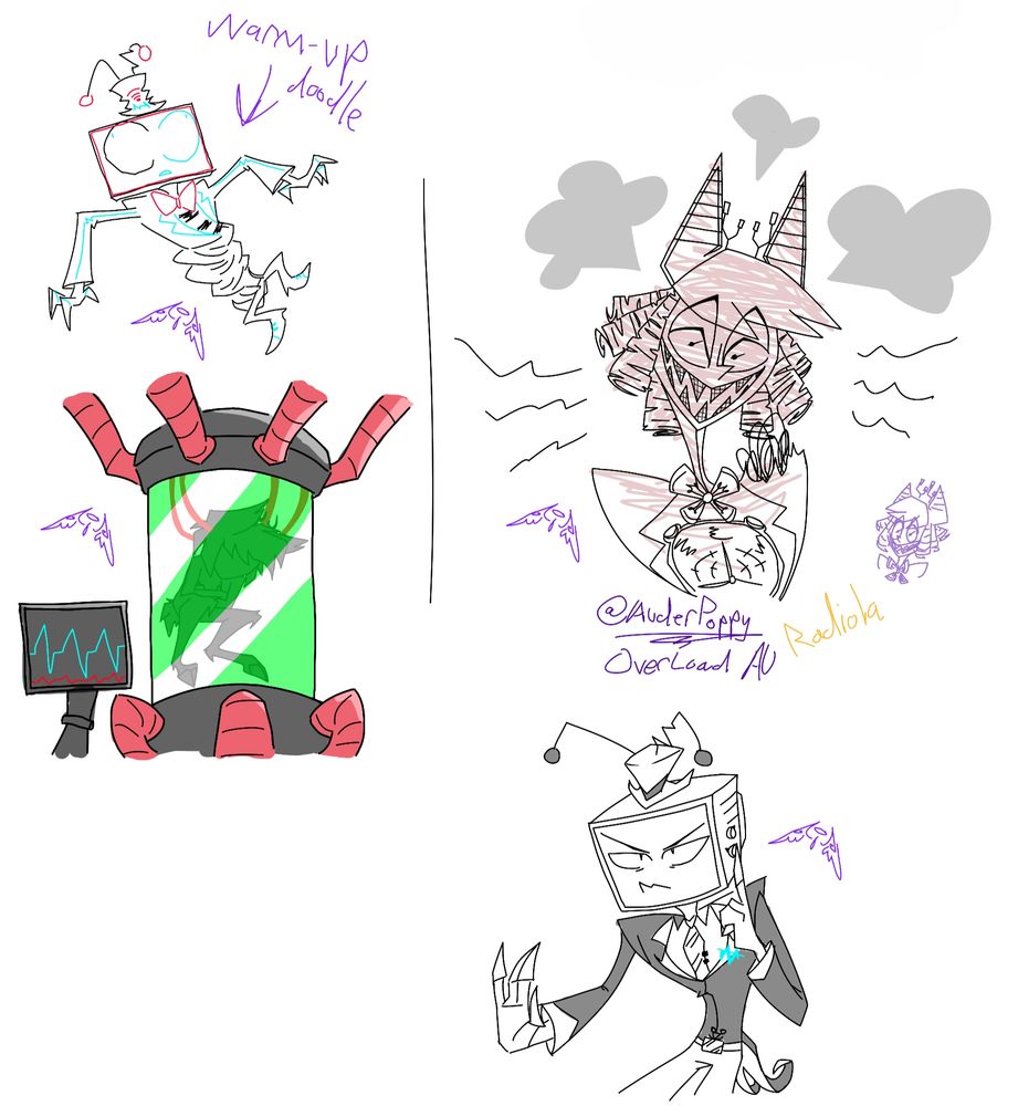 various doodles
Vox twisting like rotini
Alastor in a vat of green liquid with a heart monitor
Radiola from OverLoad AU by @AuderPoppy steaming and fuming with a small doodle of the same character to the right
Vox in Tenna style doing a Tenna pose