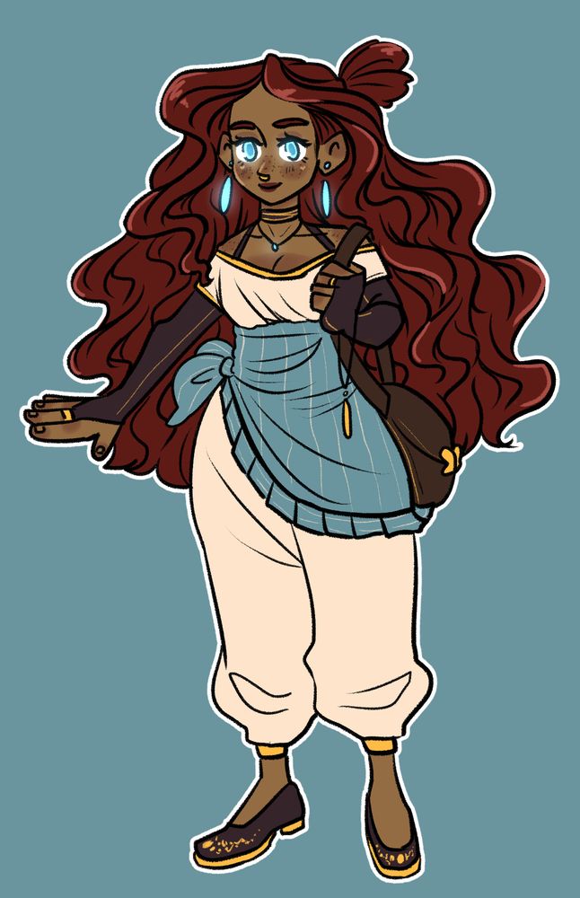 my oc Prudence standing with arm out and hand clutching bag