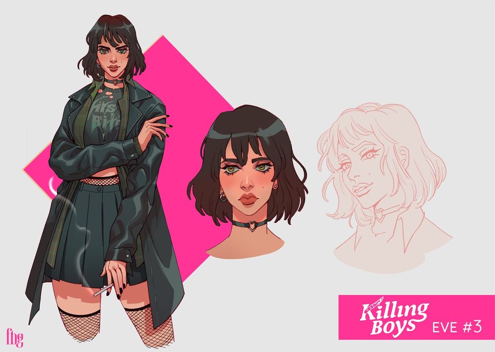 A white woman with hazel green eyes, pink blush and red lips. She has brown hair,  bangs falling to her eyebrows and her hair falls to to her shoulders. She's wearing a long black jacket, a grey ripped t-shirt, a black pleaded skirt, fishnet stockings. Her fingernails are painted black and she's got a cigarette in her hand. She's wearing a black choker with a silver heart on it