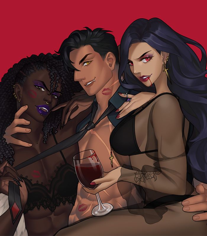 Key art to First Bite, three sexy vampires look towards you. Val on the right is a beautiful femme vampire, wearing a black bra with sheer robe, she holds a glass of blood and has blood dripping from her mouth. On her hip is the hand of the vampire next to her, Ilyas, a buff himbo and Arab. He's scarred on his very muscular torso and there is a stamp of Val's lips on his neck. He's wearing a black tie with the third vampire is holding onto coyly, Laurel. Laurel is a masc Black vampire, they're wearing purple lipstick and eyeshadow, and a black bralette, with gold piercings all over their face. 