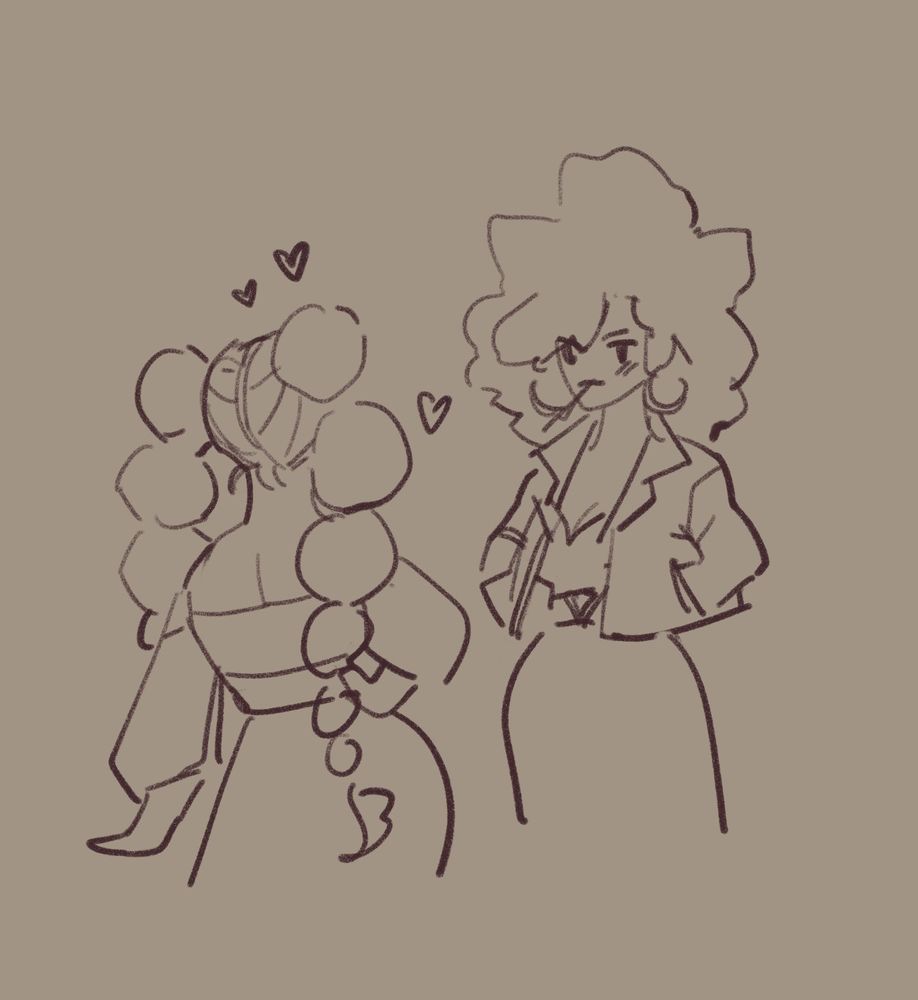 A sketch of Black Eve looking at a woman with long bubble braids, a crop top with sleeves of her shoulder, a long skirt, and there are hearts above her head. 