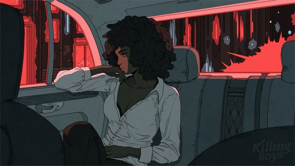 A Black woman with red lipstick, an afro, long lashes is looking wistfully out of the back of a taxi, she is wearing a button up white shirt, buttons are open to reveal the top of her black lacey bra and blossom, the red glow of the city lights illuminate her face