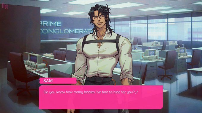 A screenshot of Sam Park, an extremely buff bodyguard, smirking. He's standing in an corporate office with computers and desks and chairs. A pink text box is in front of him. Sam says "Do you know how many bodies I've had to Hide for you?"