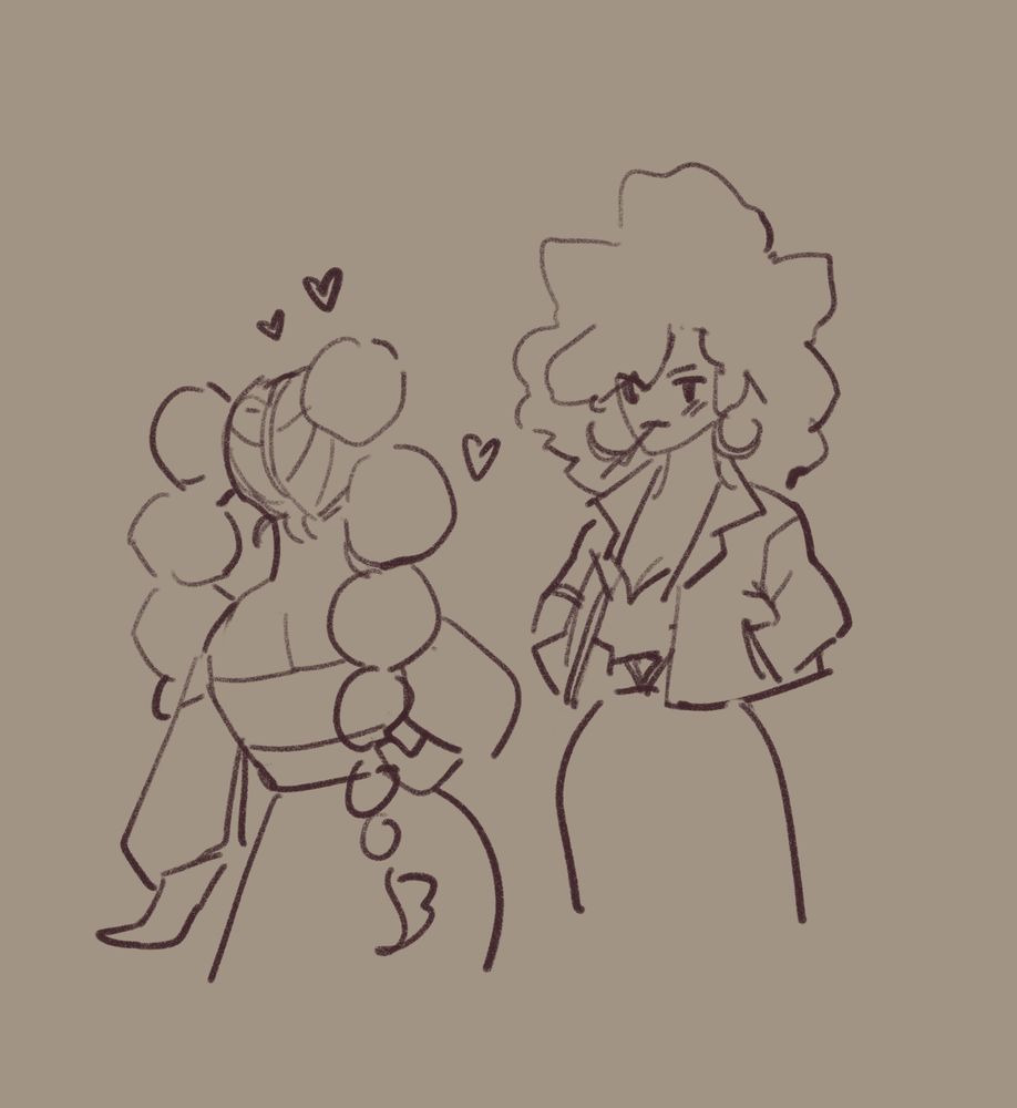 A cute sketch of Black Eve with her hands in her jacket pockets. Iris, her friend and coworker has her hand on her hip and hearts above her head. 