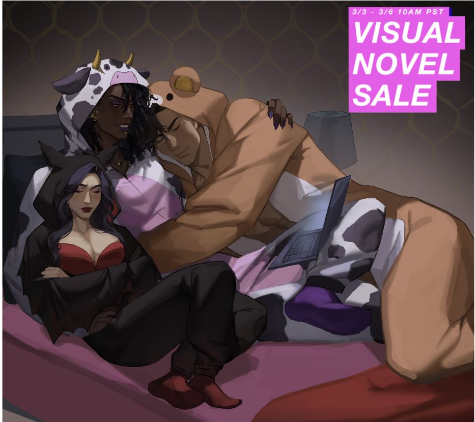 Our three vampires in a snuggle puddle on a bed, they are all wearing onsies. Ilyas in a teddy bear one, Val in a bat and Laurel in a cow one. There is a laptop open on Laurel's lap. 