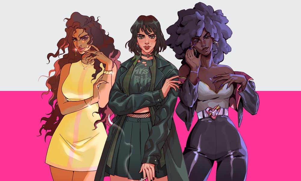 All three Eve's standing together, there is a pink and white background behind them. 
