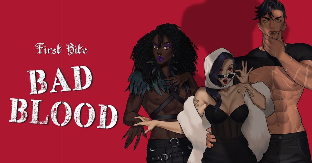 Key art for the DLC of First Bite, Bad Blood. Three vampires are standing in front of a red backdrop. They looked shocked and interested and there is a femme shadow looming over them 