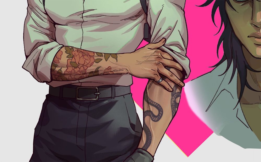 A sneak peak at one of our characters, it's the torso of a masc body, a white button up tucked into black pants, he has a big chest and buff forearms. There is a snake tattoo on one of his arms and flowers on the other. 