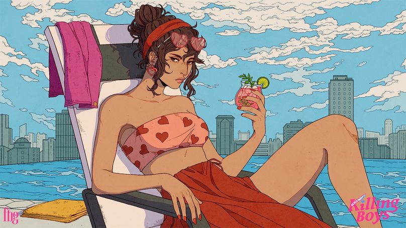 An Arab woman with long wavy brown hair put up in a bun and a mole under her right eye. She's lounging in a beach chair nest to the pool, a tropical drink in her hand with herb and lime garnish. She's wearing a pink tube top with read hearts on it and a red skirt. Beyond the pool is a city scape. 
 