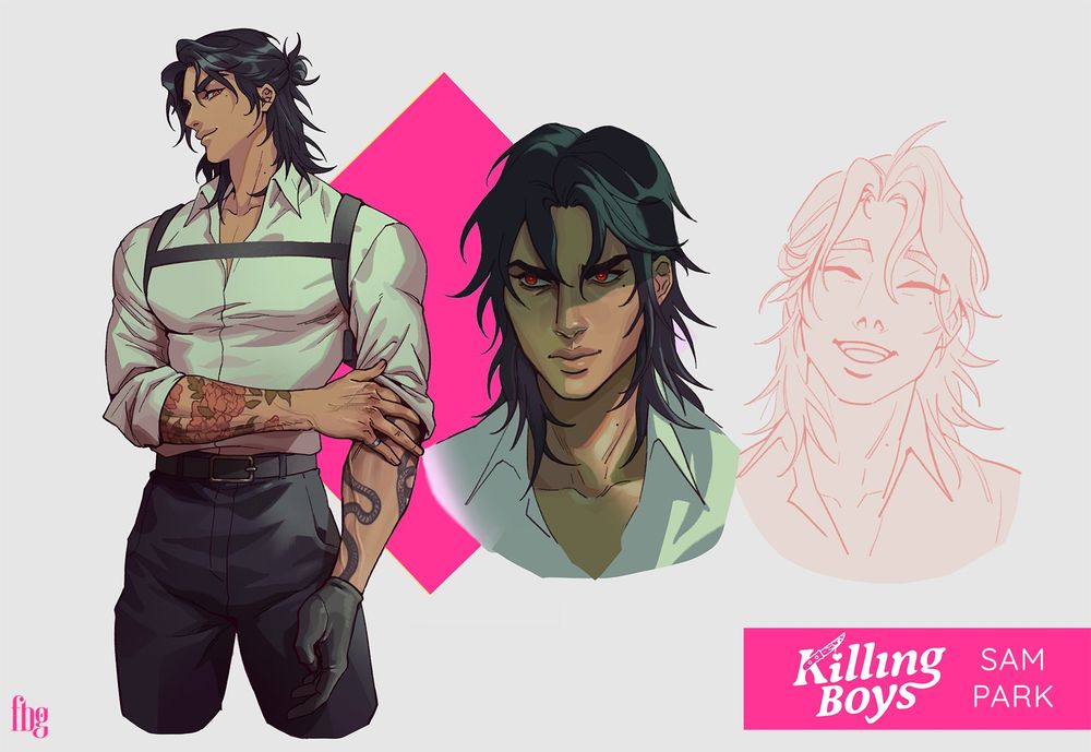 Sam Park is a man with shoulder length black hair, some of it is up in a messy bun. He's got tan skin and red eyes. A mole under his left eye. He's very muscular and wears a white button up tucked into his black pants with a belt. He has one black glove on his left hand and chest holster. 