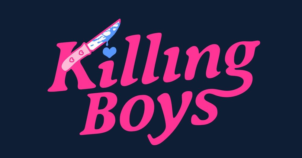 Logo for our game Killing Boys, bright pink letters on a dark navy blue background, the top of the letter K is a kitchen knife and there is a heart over the letter i