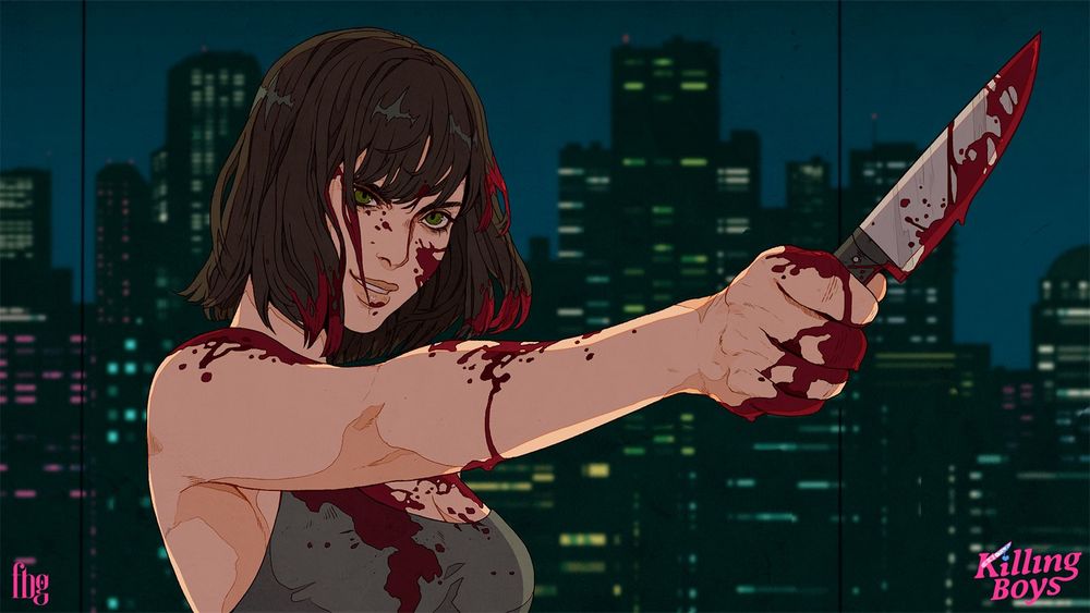 A white woman with green eyes, and short brown hair to her shoulders. She's wearing a grey tank top and holding a knife up threateningly. Both the knife and the woman are covered in blood splatter. The city scape is behind her. 