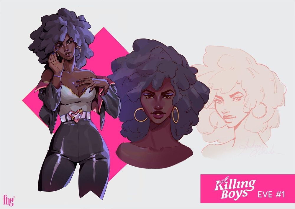 Concept Art of Eve 1, a Black woman with purple eye shadow, an afro, maroon lipstick, big gold hoop earrings, long purple nails.   She is wearing tight black pants up to her waist with a white belt, the belt buckle is a heart with an arrow through it, her matching black jacket hangs off her shoulders revealing a white with gold trim strapless bodice.