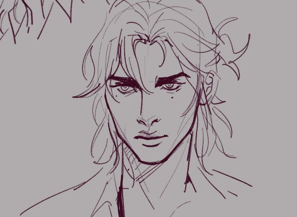 A sketch of a handsome man with long messy hair and piercing eyes. There is a mole under his left eye.
