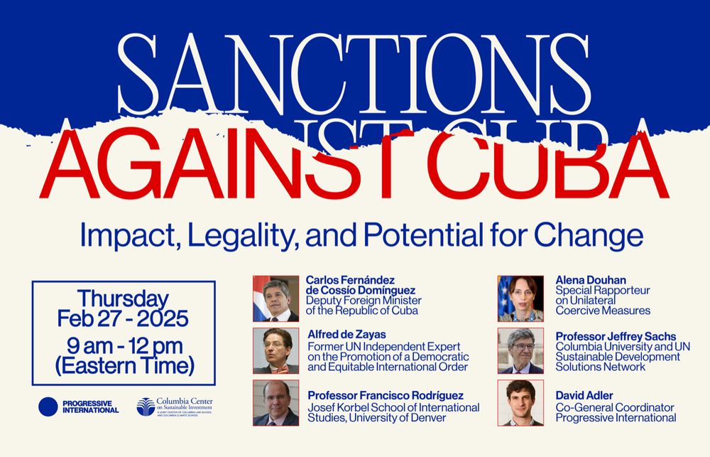 A poster promoting the webinar: Sanctions Against Cuba: Impact, Legality, and Potential for Change. It lists the attending speakers and the date and time.