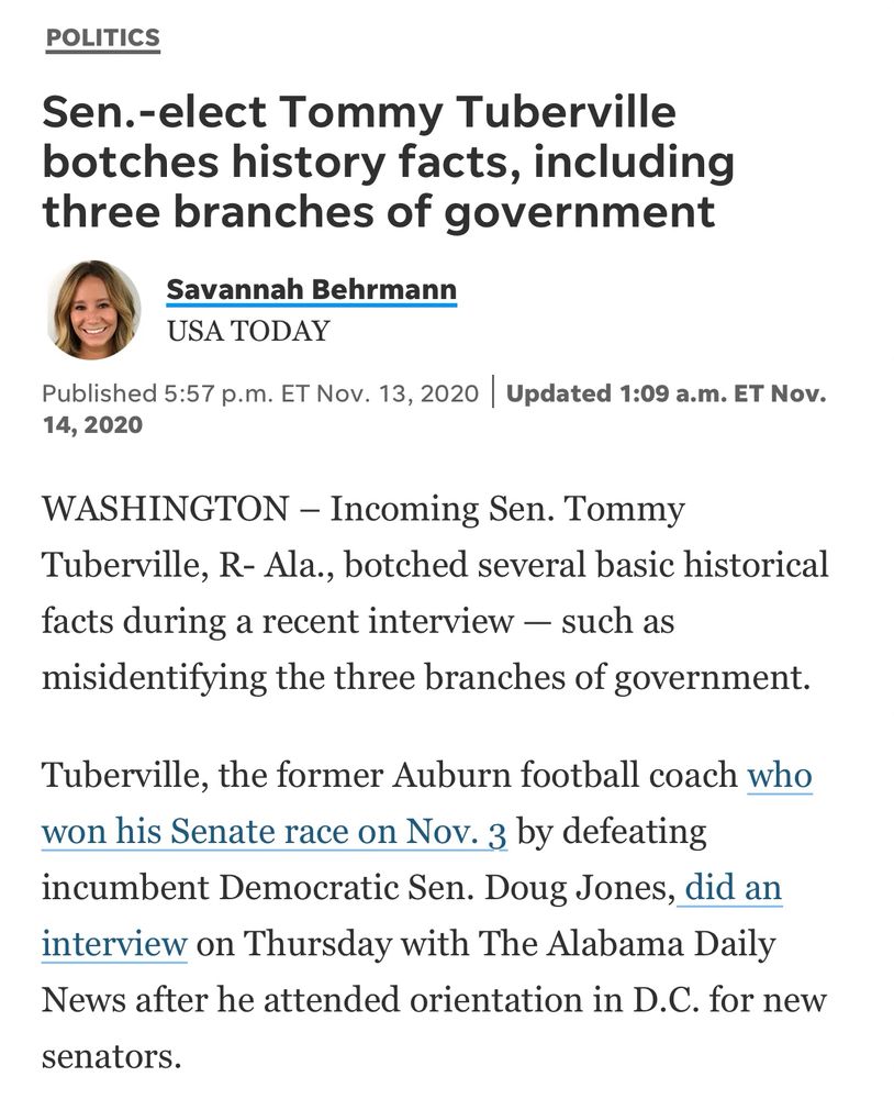 Tuberville didn’t understand the names of the three US branches of government
