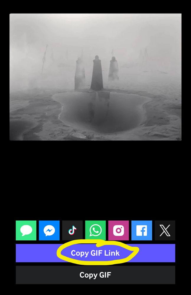 Same Macbeth GIF in next screen after tapping “airplane” icon button, with “Copy GIF Link” button circled