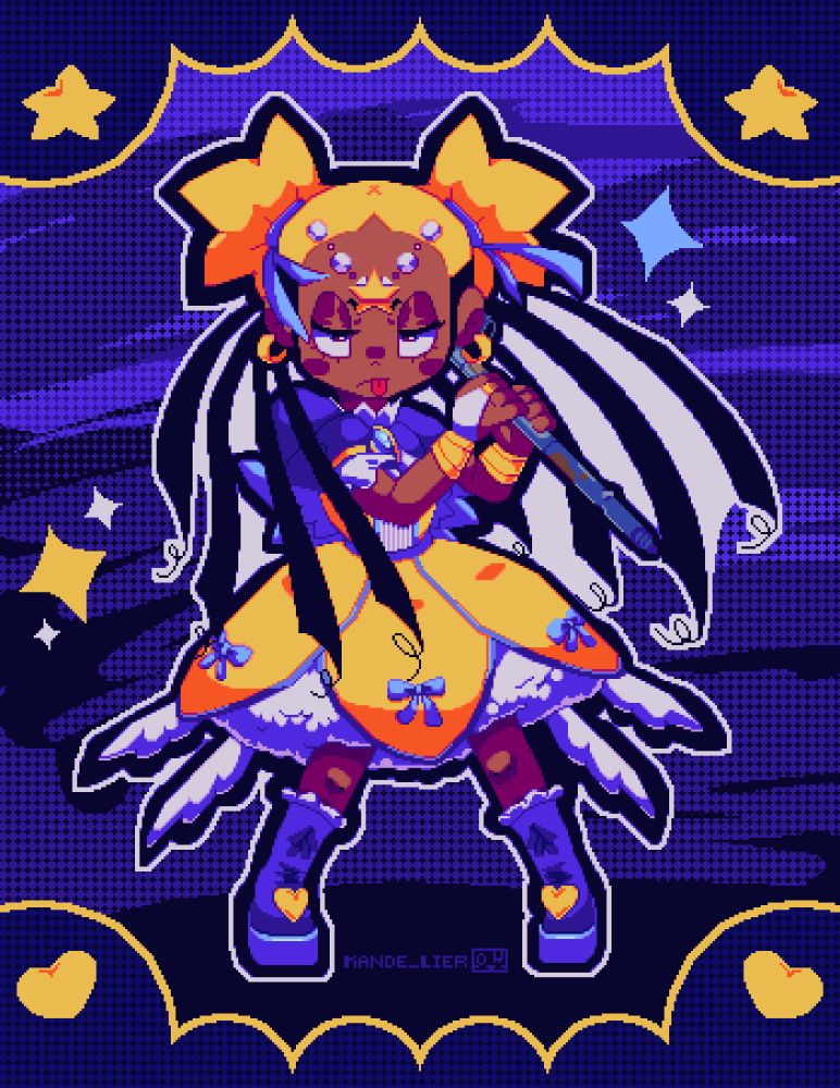 Aika protagonist of "Pretty Pretty Please, I don't want to be a Magical Girl" by Kiana Mai, with her Magical Girl outfit. She looks at the viewer with a look of annoyance and her tongue out. Holding a lead pipe in her hands instead of her magic staff. 