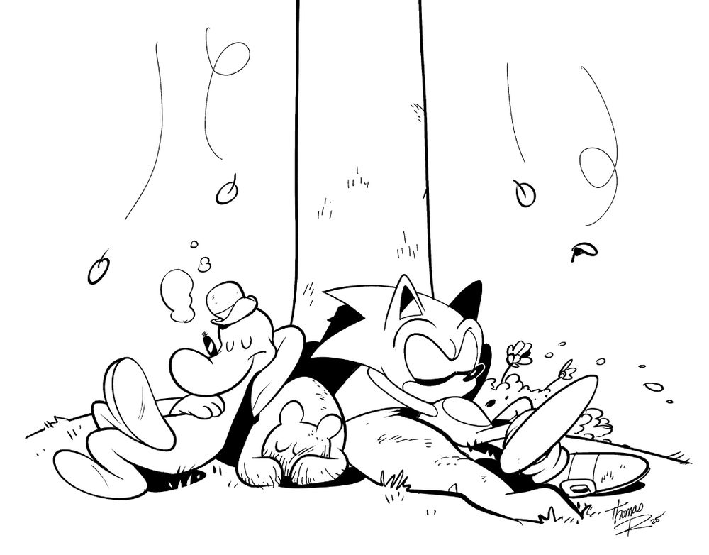 Drawing of Smiley Bone, Bartleby, and Sonic the Hedgehog chilling under a tree.