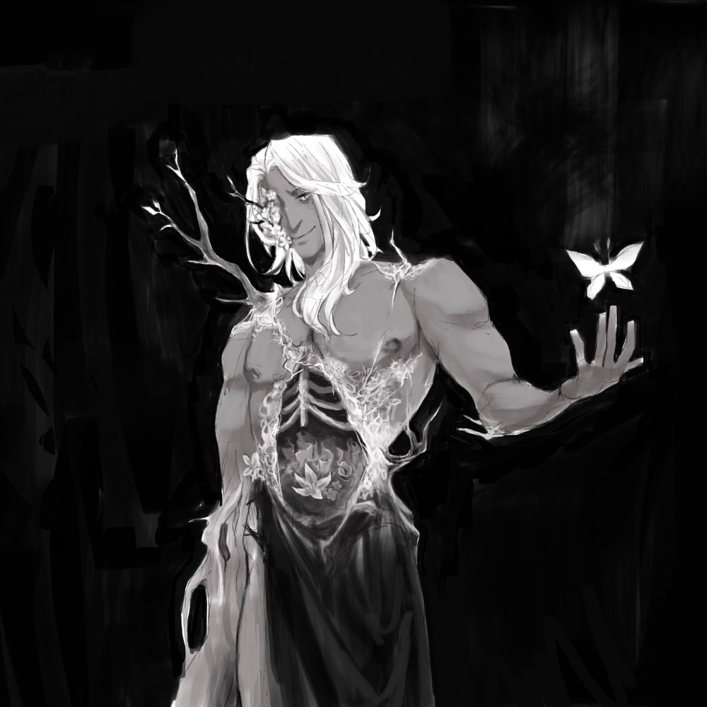 A b/w, 3/4 body shot of Baden from afk arena. There's a large hole in his stomach, and inside one can see his ribs, as well as mushrooms and flowers growing. On various places of his body are growths of mildew, flowers and tree branches. He's holding out his hand towards a white butterfly.